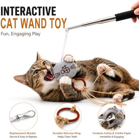 Interactive Cat Wand Toy Set for Indoor Cats, 2 Retractable Teaser Wands with Extra Long String, Handmade Sisal Rope Toys, Worm Refills, Catnip Mouse,11Pack