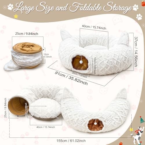 White Plush Christmas Cat Tunnel Tree Skirt with 11Pcs Interactive Cat Toys