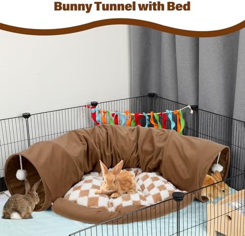 BWOGUE Bunny Tunnel Bed, Collapsible Rabbit Tunnel Hideout with Mat, Coffee