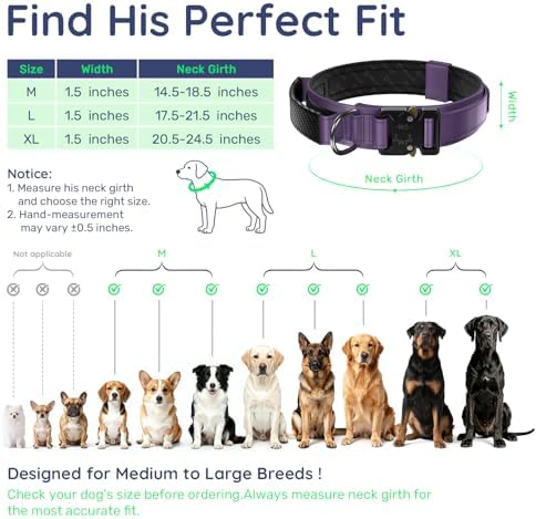 Premium Tactical Dog Collar - Adjustable Military Heavy Duty Dog Collar for Medium Large Dogs - Durable Metal Buckle Dog Collar with Leather Control Handle and Soft Comfortable Padding