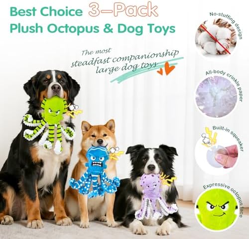 Fuufome Octopus Dog Toys with No Stuffing for Small, Medium & Large, 3 Pack