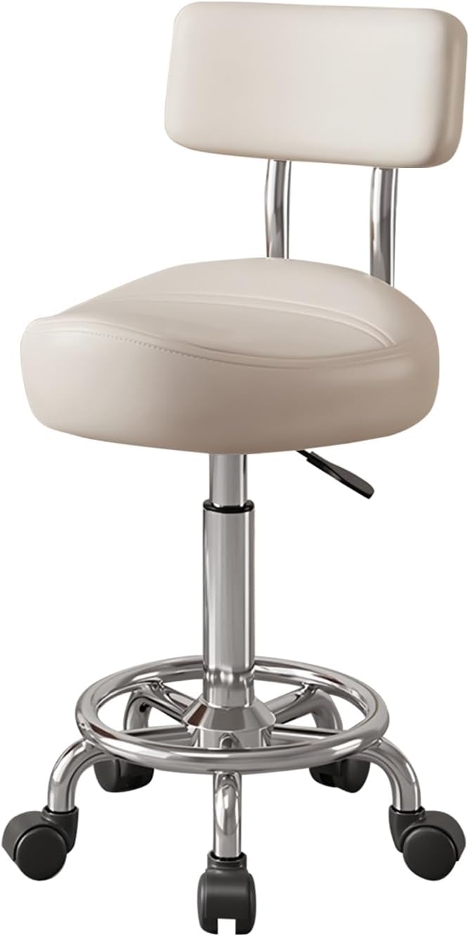 Saddle Stool with Back and Ring Pedal, Adjustable Hydraulic Rolling Chair with Wheels for Salon, Spa, Medical, Massage & Drafting Use White