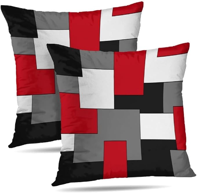 Modern Art Geometric Pillow Cover, Decorative Throw Pillow Covers Red Black Grey Abstract Artwork Cushion Cover for Bedroom Sofa Living Room 22 x 22 Inch Set of 2