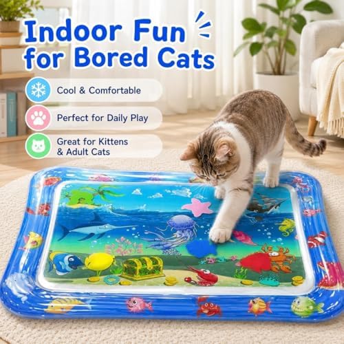 2026 Upgraded Pet Water Sensory Mats, Cat Water Mat with Floating Fish Toy, Thickened Interactive Cat Water Play Mat Toy, Leak Proof Cooling Pad for Indoor Cats Kittens Summer (#D)