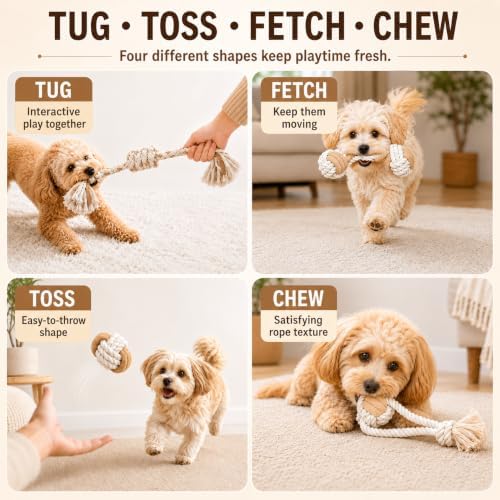 4-Pack Dog Rope Toys for Small to Medium Dogs - Variety Set of Natural Cotton Interactive Toys for Puppies - Includes 18" Long Tug Rope with Handle, Knot Ball & Figure-8 - [Not for Aggressive Chewers]