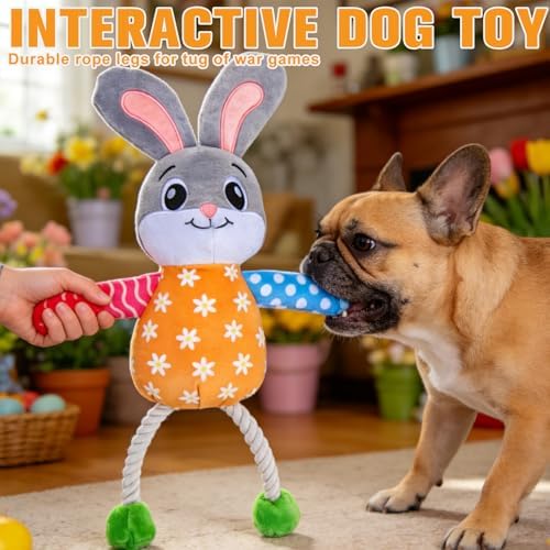 EXPAWLORER Dog Easter Toy, Easter Bunny Rabbit Squeaky Interactive Toys with Squeakers & Soft Durable Fabric to Keep Them Busy, Best Gift for Puppy Small Medium Large Dogs Training Rope Toy