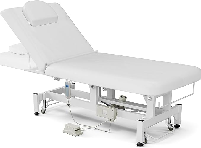 Icoget Electric Lift Massage Table for Esthetician, Facial Beds Treatment Table for Salon, Professional Physical Therapy Table Waxing Beds w/Adjustable Backrest, White