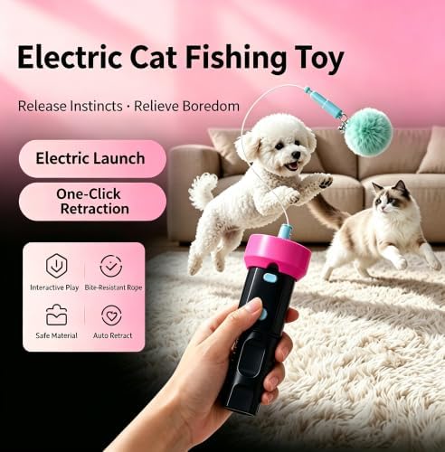 Electric Cat Fishing Toy, Type-C Recharge Interactive Teaser Entertainment Toy for Kitten, One-Click Pop Out & Auto Retractable Cat Wand Toy with Soft Balls, Kitten Teaser Toys for Indoor Cats (Black)