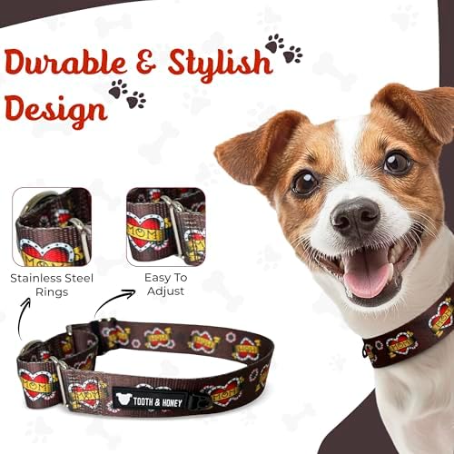 Tooth & Honey Martingale Dog Collar, 1.5-Inch Wide Mom Tattoo Heart Design