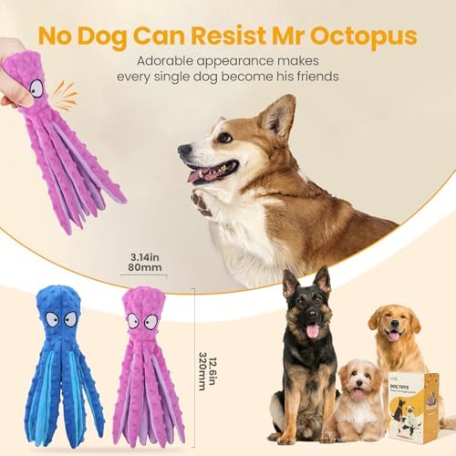 HGB Squeaky Dog Toys No Stuffing Octopus Crinkle for Large Medium Small Dog