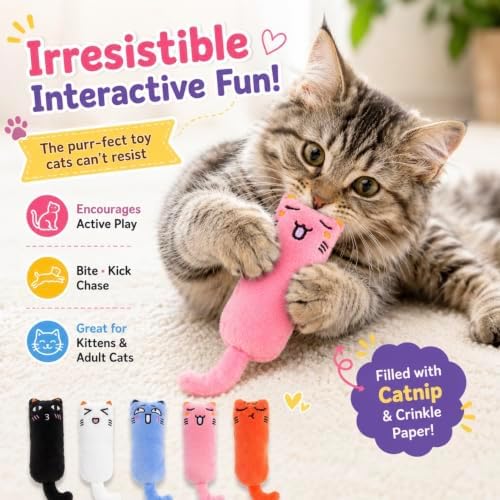 Plush Catnip Cat Toy with Crinkle Paper – Interactive Cat Kicker Toy for Indoor Cats, Soft Stuffed Kitten Toy, Set of 5 -Kitty Whiskers Playhouse