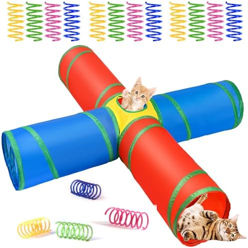 Cat Tunnel 4 Way Collapsible, Interactive Cat Toys for Indoor Cats, 12 PCS Cat Springs Toy Kitten Toys Pack, Large Rainbow Bunny Tunnel Tube with Peephole, Pet Tunnels for Cats Kitty Rabbits