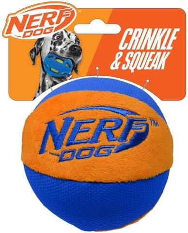 Nerf Dog Trackshot Ball Dog Toy with Interactive Squeaker and Crunch, Lightweight, Durable and Water Resistant, 4.5 Inches, For Medium/Large Breeds, Single Unit, Blue/Orange