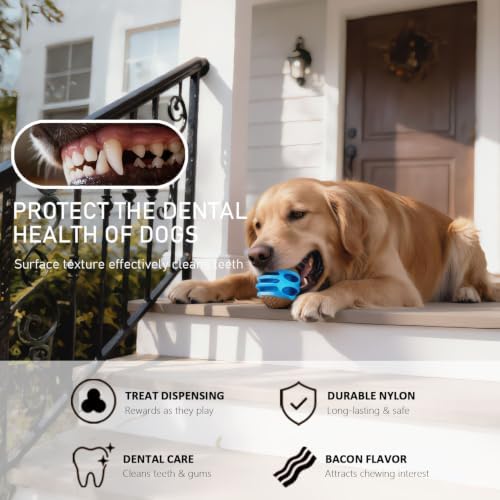 MECOOL 2PCS Durable Dog Chew Toys, Squeaky Chew Ball & Treat Dispensing Toy, Tough Nylon Ends & Natural Rubber for Aggressive Chewers, Interactive Puzzle Toys for All Breed Dogs,Bacon Flavored,Blue