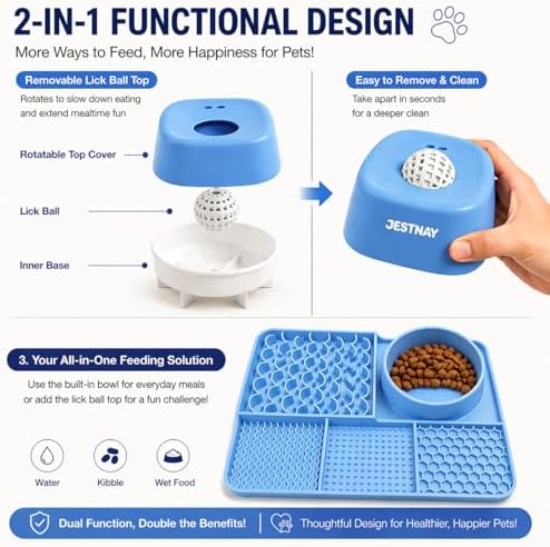 Dog Lick Mat & Slow Feeder Bowl Combo, Enrichment Toy with Puzzle Dome, 4-Texture Silicone Licking Mat for Anxiety Relief, Slow Feeding, Boredom Buster with Cleaning Brush & Silicone Spatula (Blue)