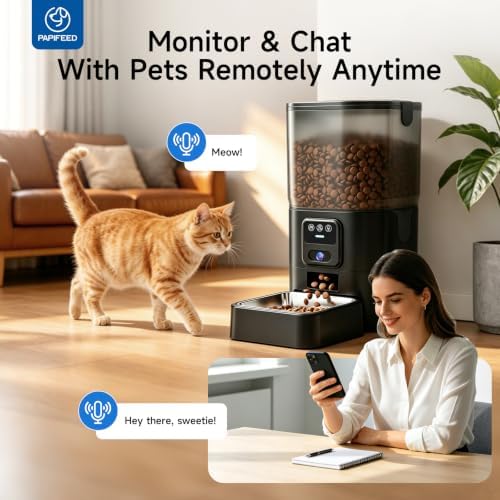 PAPIFEED Automatic Cat Feeder with Camera, 1080P HD & Night Vision, 5G WiFi Timed Cat Feeder with App, 6L Cat Food Dispenser for Dry Food, 2-Way Audio Smart Pet Feeder for Dog, 1-10 Meals/Day