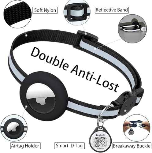 3 Pack/Airtag Cat Collar Breakaway, Reflective Kitten Collar with Apple Air Tag Holder and Bell for Girl Boy Cats, 0.4 Inches in Width and Lightweight+cat tag (3 Collars & AirTag Holder)