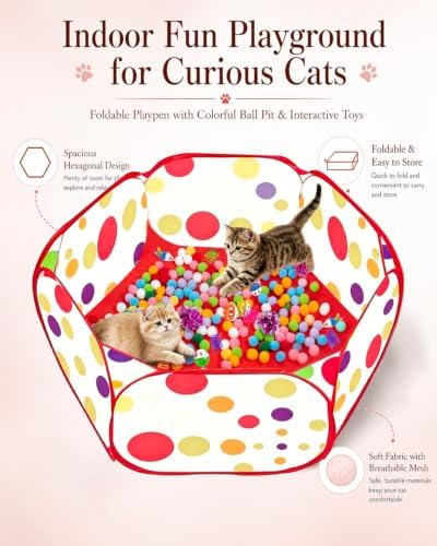 Cat Ball Pit with 227 Pcs Interactive Cat Toys, Enrichment Toys for Bored Indoor Cats Self Play, Include Pom Pom Balls Jingle and Crinkle Balls, Springs and Mice Toy for Kitten Fun and Exercise