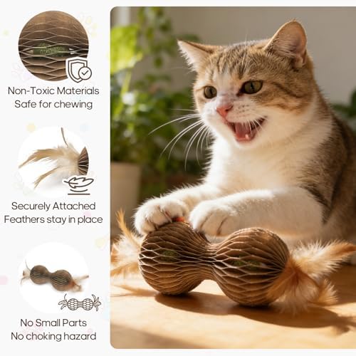 Catnip Ball Toys for Indoor Cats Dumbbell-Shaped Cardboard Toy with 2 Catnip Balls & Feather Ends for Interactive and Independent Play, Exercise & Stress Relief Cat Toys for Kitten All Breeds and Ages