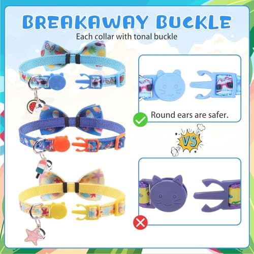 KOOLTAIL Cat Collar Breakaway with Bow Tie and Bell, 3 Pack Fancy Blue Ocean Theme Kitten Collars with Cute Charm Pendant & Safety Buckle, Adjustable Soft Collars for Boys Girls Kitty