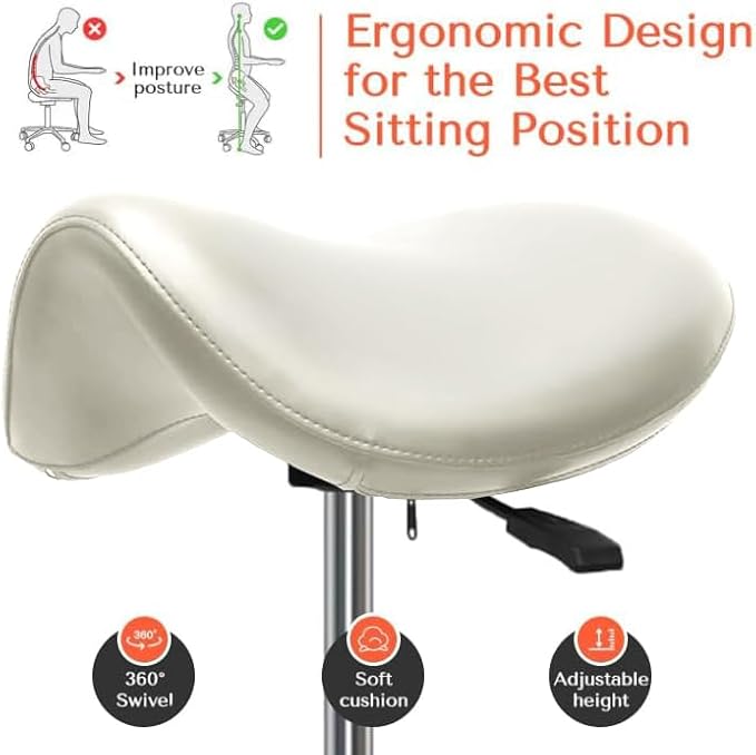 Saddle Stool with Wheels,Rolling Stool,Rolling Chair Ergonomic Swivel Rolling Chair with Hydraulic Lifting Height Adjustable Rolling for Office Medical Massage Salon Drafting(White)