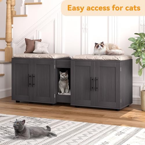 55" Cat Litter Box Enclosure Furniture, 3-in-1 Hidden Litter Cabinet with Barn Doors & Double Rooms for 2 Cats, Wooden Pet Furniture for Living Room & Bedroom, Brown