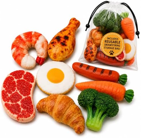 8 Pack Squeaky Dog Toys for Small, Plush Gourmet Food Dog Toy Set with Reusable Drawstring Storage Bag, Interactive Food Shaped Chew Toys for Puppies, Soft Stuffed Dog Toys for Small & Medium Dogs
