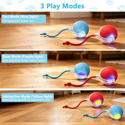 Interactive Cat Toys Ball for Indoor Cats, Automatic Self-Rolling, Motion-Activated, Bird Chirping Cats Dogs Ball Toy with Elastic Mesh Tail, Cat Enrichment Toys for Indoor Cats (Red+Blue)