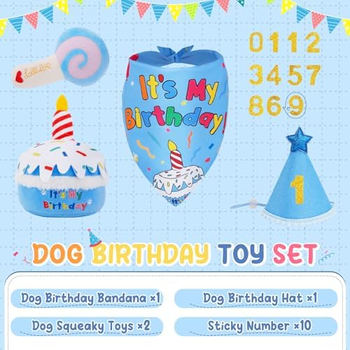 KIPRITII Dog Birthday Supplies with Cake Toys, Bandana & Hat for Small Dogs