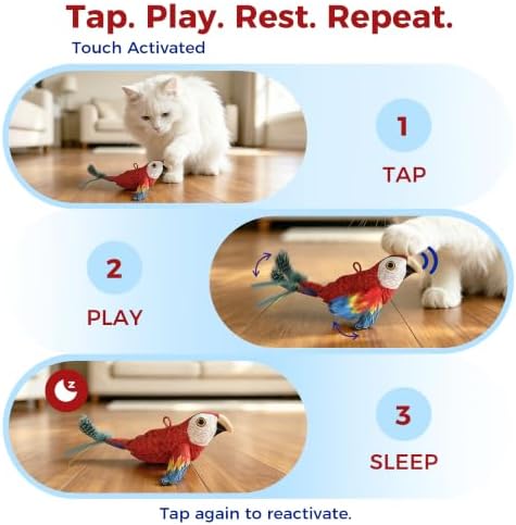 Interactive Bird Cat Toy for Indoor Cats, Flapping Wings and Moving Tail, Auto Chirping Cat Toy, Touch Activated Rechargeable Self Play Cat Kicker Toy, with 5 Bird Covers and Catnip Pouches