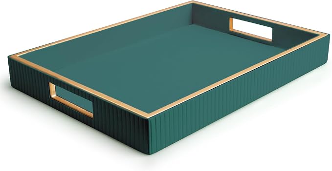 Leather Tray Desktop Storage Organizer, Rectangle Valet Tray, Green | Premium Serving Trays with Handles, Decorative Tray Desk Organizer for Sundries Cosmetics Phone Wallet Keys Cutlery