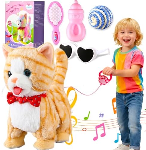 Yellow Walking Cat for Girls Set Toy Talking Singing Animated Robot Kitty Interactive Plush for Cat for Kids Kitten Robotic Plush That Meow and Purrs Electric Robot for Toddlers Baby