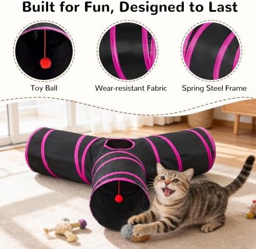 Tempcore Cat Tunnel, 3-Way Collapsible Toy, Large Size Black & Rose Red