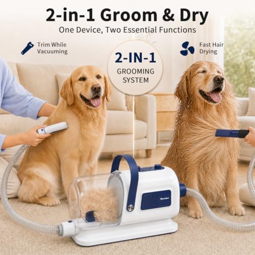 Buenkee Dog Grooming Vacuum & Blow Dryer Kit, Pet Clipper, 15000Pa Suction | 3-in-1 Pet Care, Removes Loose Fur, Styles Coats & Dries After Baths, Adjustable Heat & Airflow, 1.7L Dust Cup for Easy Clean