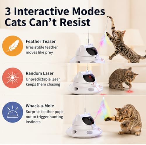 Parakeets Conures Cockatiels 3-in-1 Auto Cat Toy, USB Recharge Motion Activated Kitten Feather Chase Toy - Snow-White