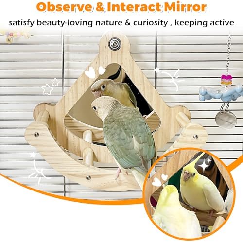 Rocking Bird Perch Toy with Mirror for Cage, Enrichment Parakeet Toys