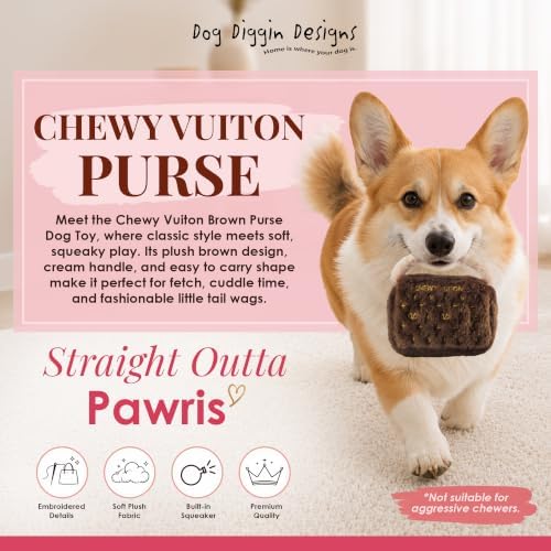 Dog Diggin Designs Chewy Vuiton Plush Dog Toy Purse | Luxury-Inspired Parody Designer Handbag with Squeaker, Soft Plush Fashion Dog Toy – Haute Couture Purses & Handbags