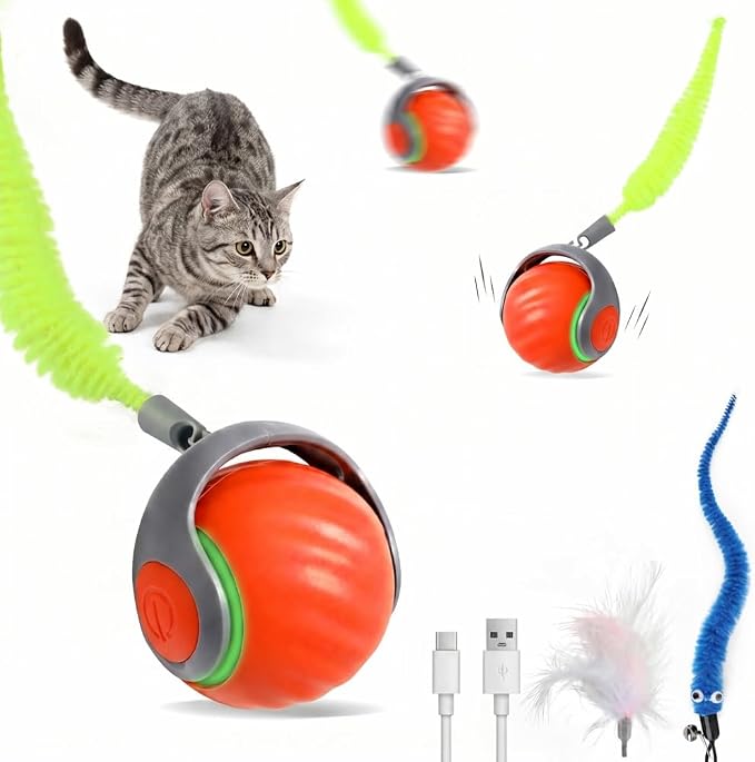 Automatic Interactive Cat Toy Ball with 3 Tails，Rechargeable Moving Cat Toy for Indoor Cats，Cat Toys Balls for Indoor Cats|Fun Interactive Cat Toys & Perfect Cat Gifts，cat ChaCe Toy，Motion Activated