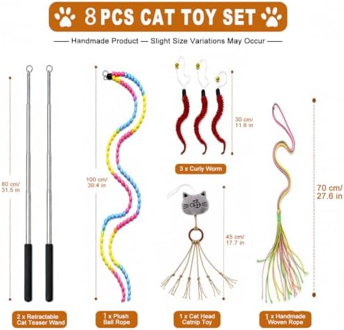 Interactive Cat Wand Toy Set for Indoor Cats, 2 Retractable Teaser Wands with Extra Long String, Handmade Sisal Rope Toys, Worm Refills, Catnip Mouse, 8 Pack