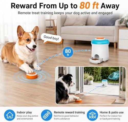 Interactive Dog Treat Dispenser Toy with Remote Button, Dog Puzzle Feeder & Slow Feeder for Bored Dogs, Mental Stimulation Reward Training Toy with 8 DIY Stickers