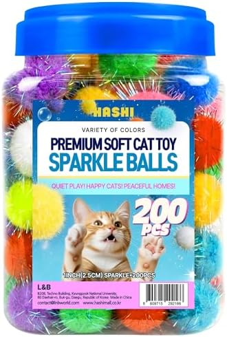 HA SHI Sparkle Cat Toy Balls 200 Pack, Tinsel Pom Poms with Storage Jar