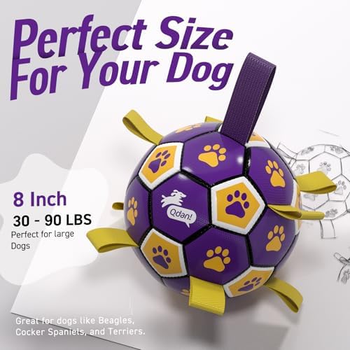 QDAN Dog Ropes Toys, Soccer Ball with Straps, Interactive Dog Toys for Tug of War, Dog Water Toy, Durable Balls for Medium Large Dogs（8 Inch） | 8 Inch Soccer Toy with Straps, Dog Tug Toy for Tug of War, Puppy Birthday Gifts, Training Herding Balls for ...