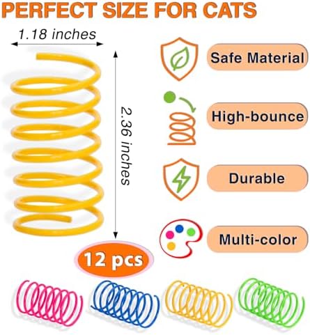 Cat Spring Toys for Indoor Cats, Springy & Durable PET Plastic Spiral Coil Cat Toy, Interactive Self Play for Boredom Relief, 12 Pack