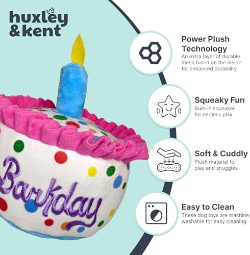 Huxley & Kent Power Plush Squeaky Dog Toy, Happy Barkday Cake, Small