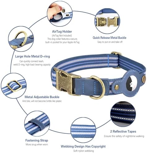 Airtag Dog Collar,Reflective Collar with Airtag Holder for Large Dogs(Blue)