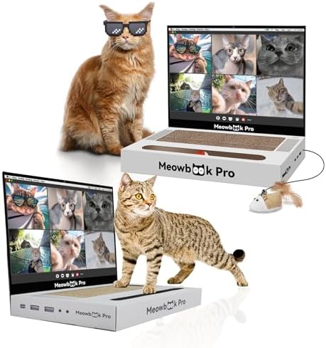2PCS Cat Scratcher Laptop with 'Mouse' Jingle Ball, Stickers, 3-in-1 Cardboard Cat Interactive Toy, Kitten Toy & Cat Scratching Pad