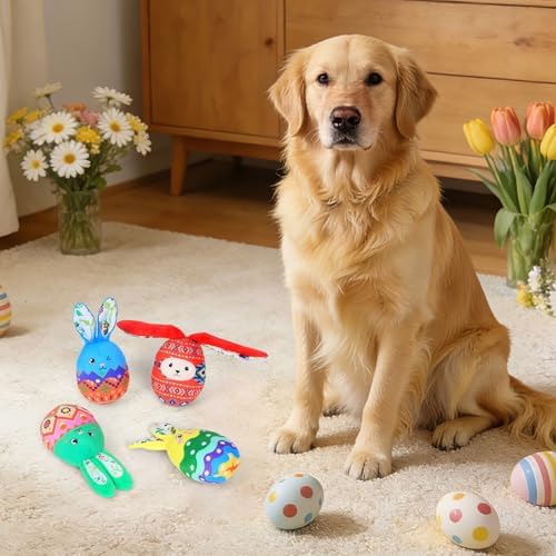 4 Pcs Easter Bunny Egg Dog Toys for Small Dogs Squeaky Small Dog Toys Durable Push Puppy Toys for Chewing Interactive with Crinkle Paper for Small Medium Dogs Easter Day Gift