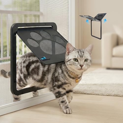 PetPrime Cat Door for Screen Door with Flap Opening 8×10 inches,Lockable Auto-Close Magnetic Pet Door for Cats & Small Dogs,Suitable for Sliding Screen Door,Easy Install,Small