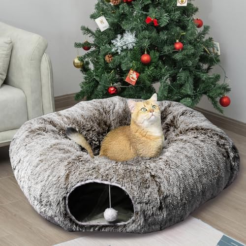AUOON Plush Cat Tunnel Bed for Indoor Cats, 36" L x 36" W x 11.5" H, Brown