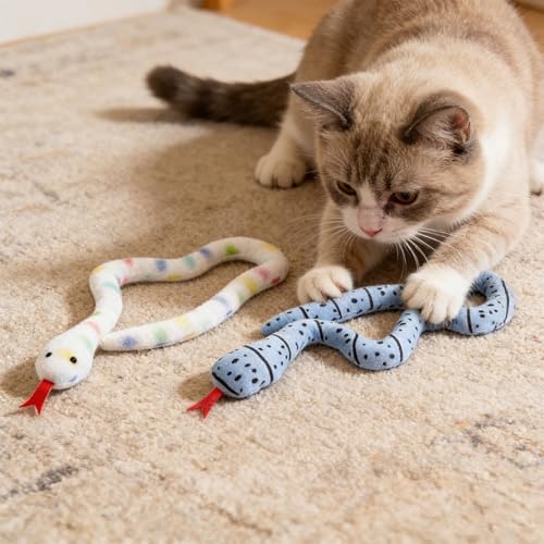 Andiker 2PCS Snake Cat Toys, 23.6 Inches Long Realistic Snake Shape Cat Plush Toys with Bite-Resistant Fabric Interactive Cats Toy for Indoor Cats to Bite Chew Keep Teeth Clean (Colourful&Blue)